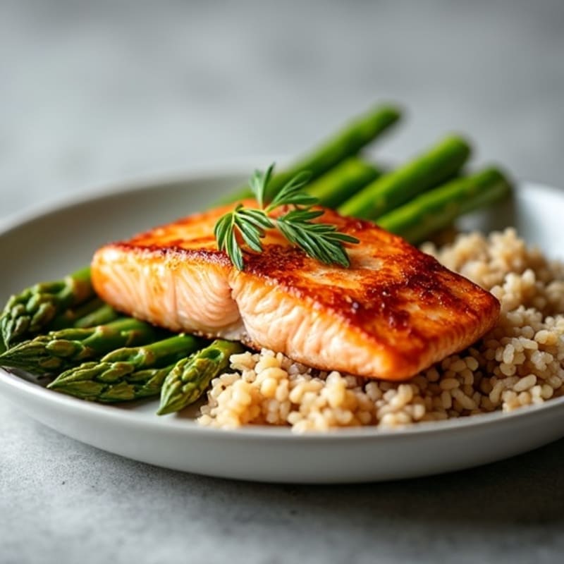 Seared Salmon Fillet with Steamed Asparagus and Brown Rice