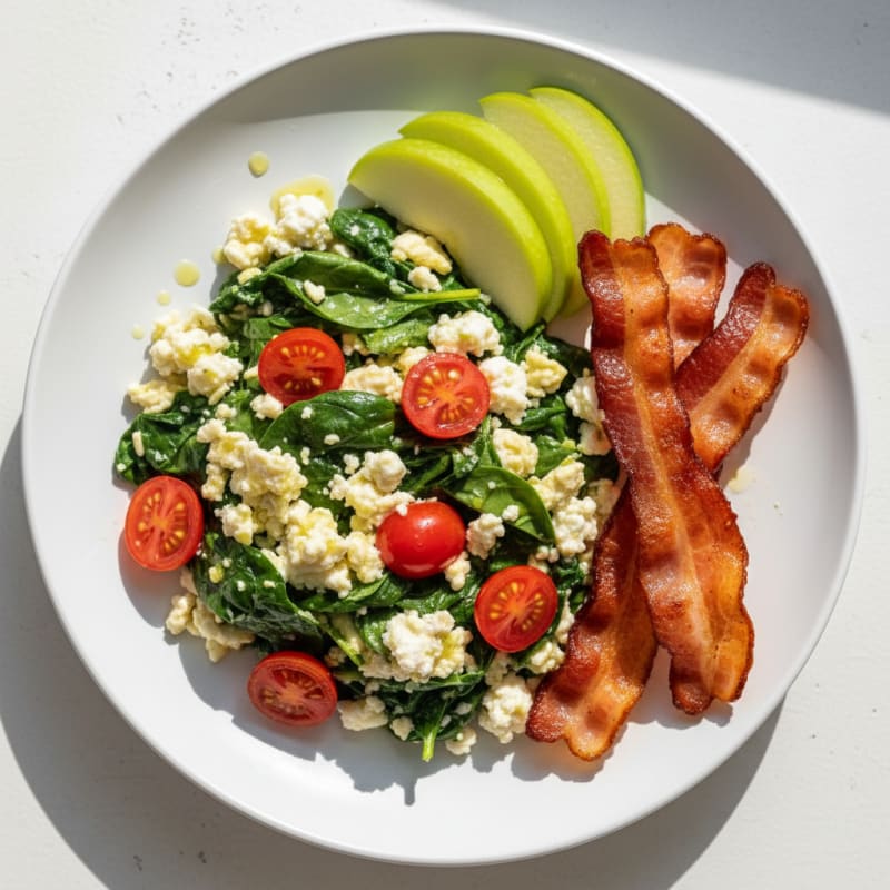 Egg White Spinach Scramble with Cottage Cheese and Turkey Bacon