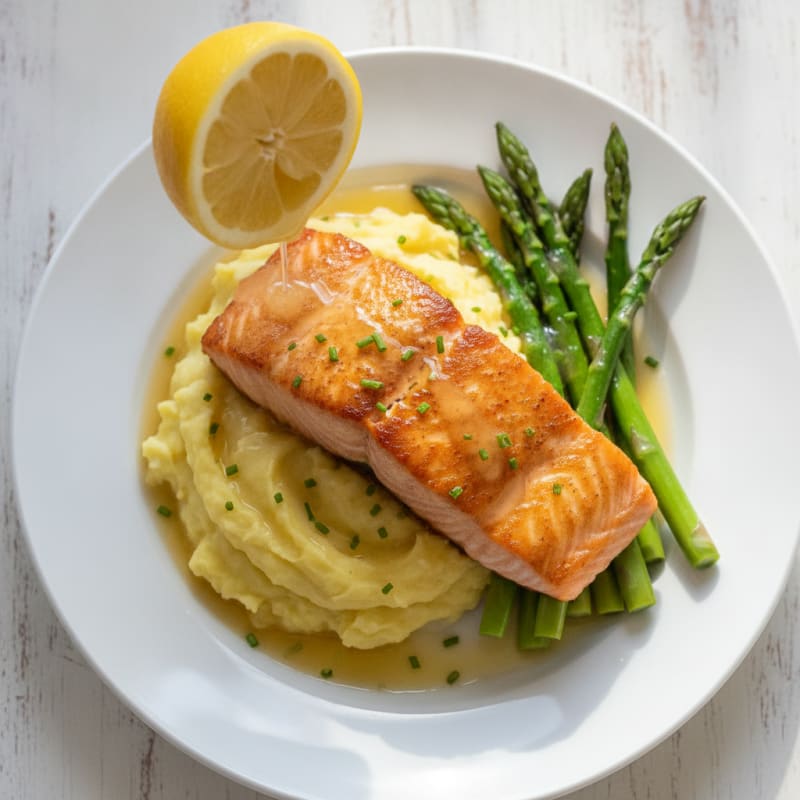 Seared Salmon with Steamed Asparagus and Garlic Mashed Potatoes