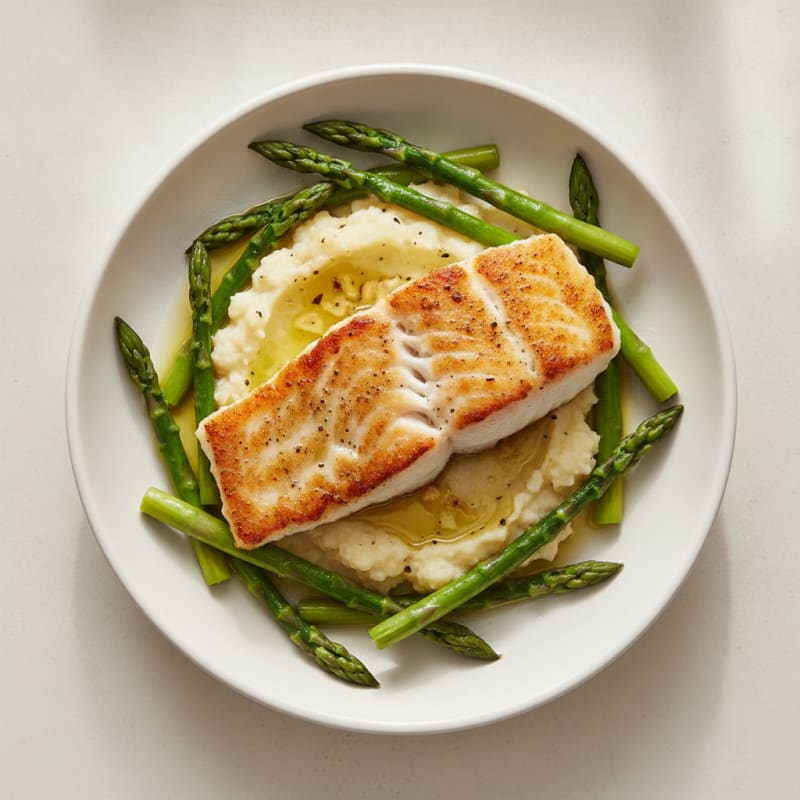 Seared Cod with Steamed Asparagus and Garlic Cauliflower Mash