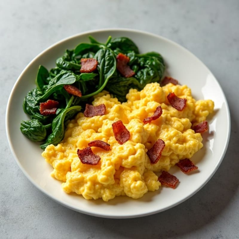Creamy Scrambled Eggs with Crispy Bacon and Sautéed Spinach