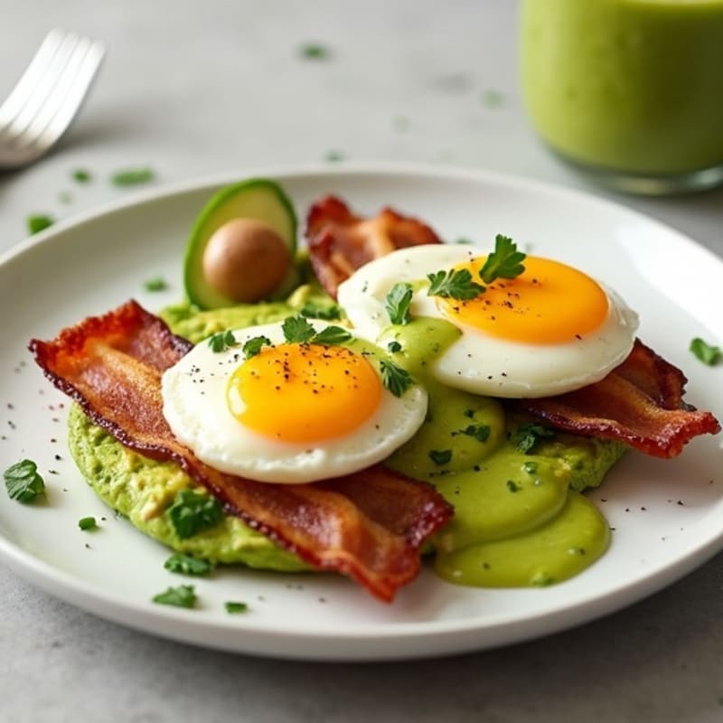Poached Eggs with Crispy Turkey Bacon and Creamy Avocado Sauce