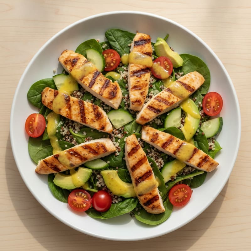 Grilled Chicken and Quinoa Salad with Fresh Spinach and Lemon Vinaigrette