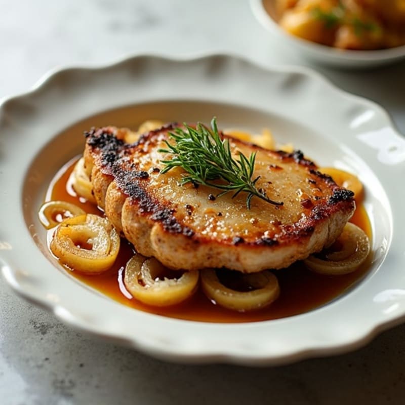 Herb-Crusted Pan Seared Pork Chops with Caramelized Onions