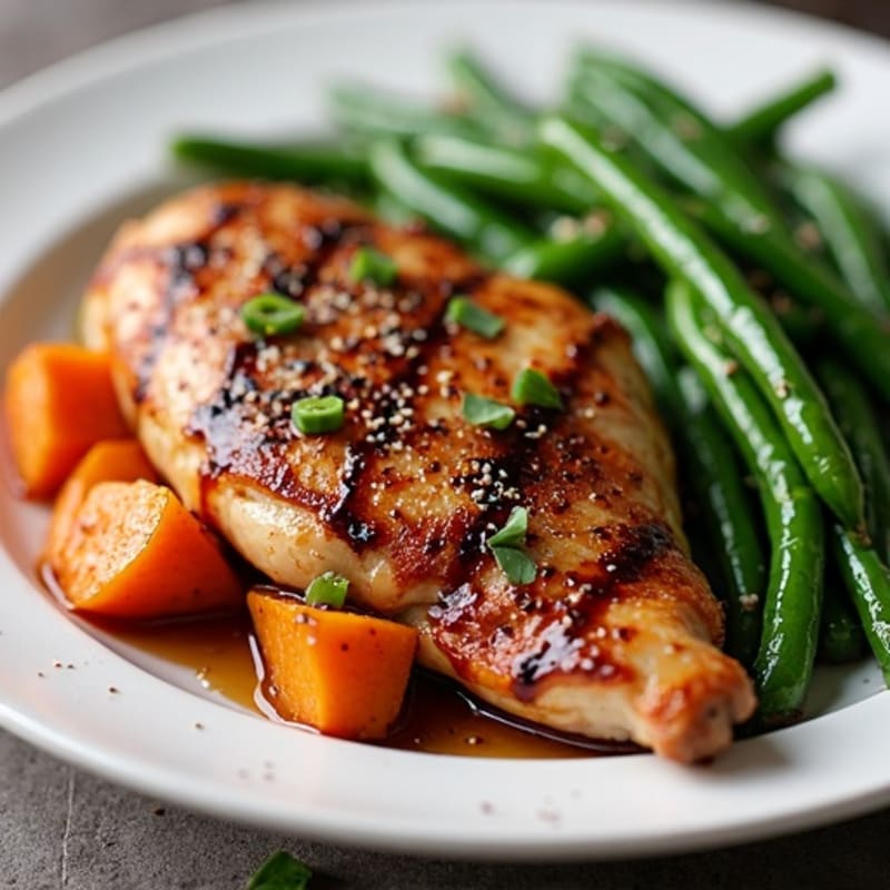 Rich Balsamic Glazed Chicken with Roasted Sweet Potatoes and Crispy Green Beans