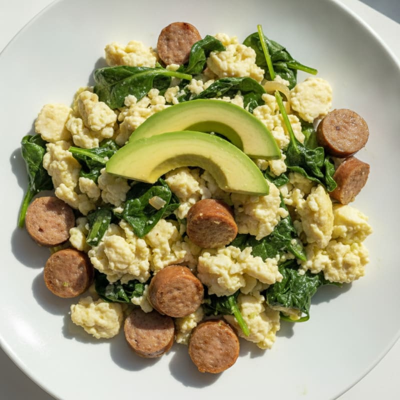 Egg White Scramble with Turkey Sausage and Sautéed Spinach