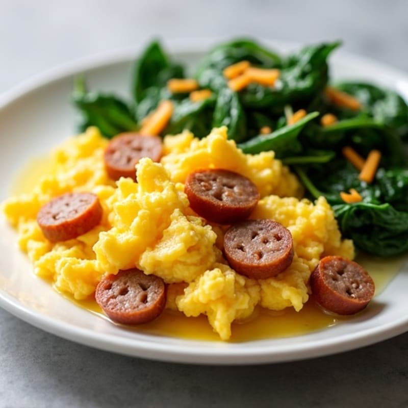 Scrambled Eggs with Turkey Sausage and Sautéed Spinach