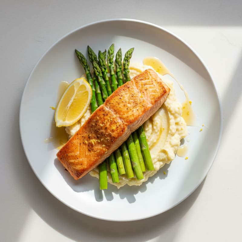 Seared Salmon with Steamed Asparagus and Garlic Mashed Cauliflower