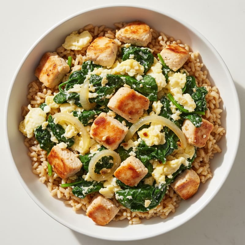 Egg White Chicken Scramble with Spinach and Brown Rice