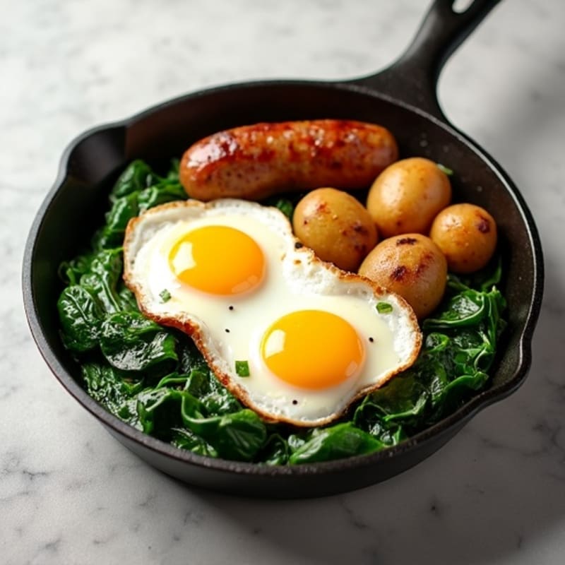 Crispy Potato and Lean Turkey Sausage Skillet with Sunny-Side Up Eggs and Sautéed Spinach