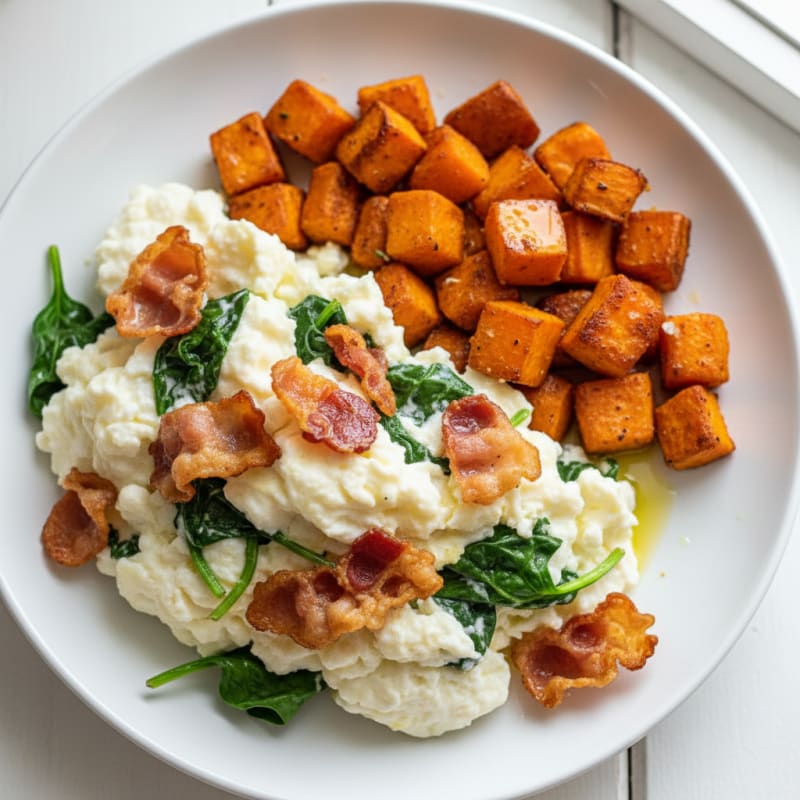 Crispy Turkey Bacon and Egg White Scramble with Sautéed Spinach