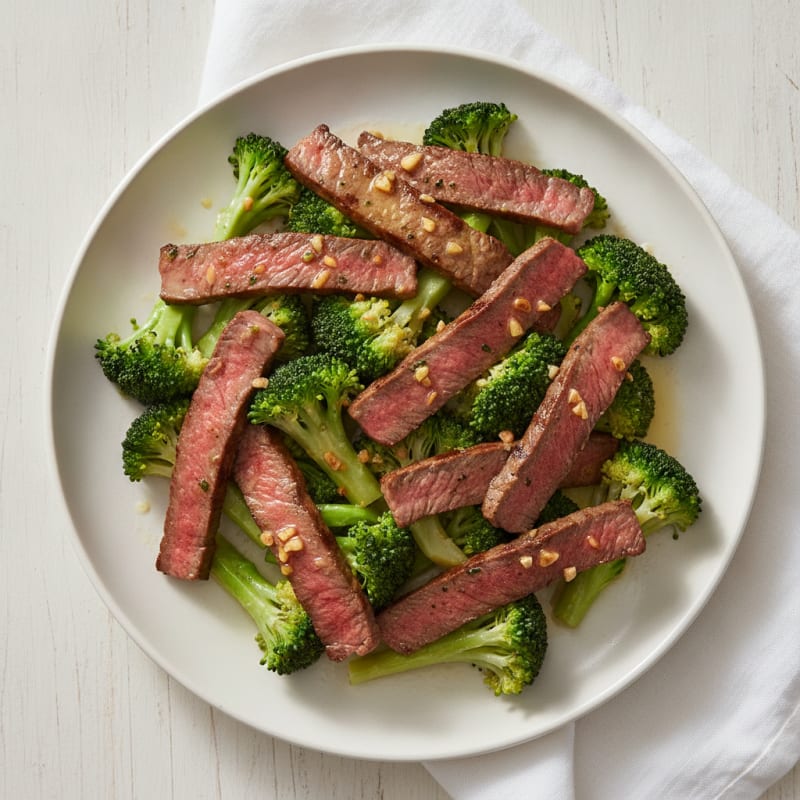 Seared Lean Beef Strips with Steamed Broccoli