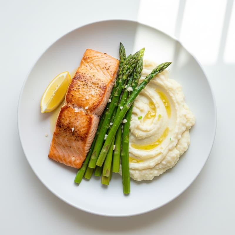 Seared Salmon with Steamed Asparagus and Garlic Mashed Cauliflower