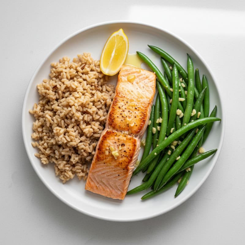 Seared Salmon with Garlic Green Beans and Brown Rice