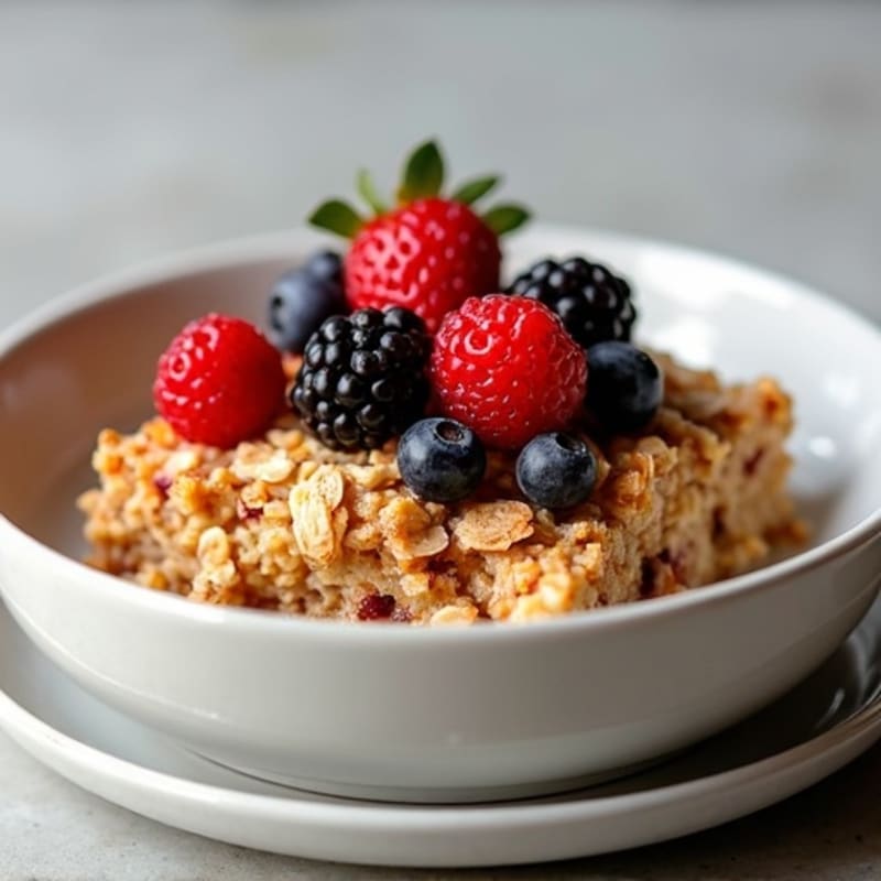 Cinnamon-Maple Baked Protein Oatmeal with Fresh Berries