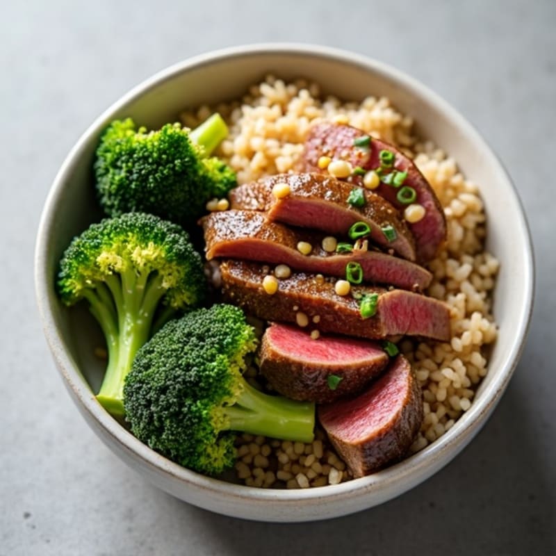 Garlic Ginger Beef and Crispy Broccoli with Brown Rice
