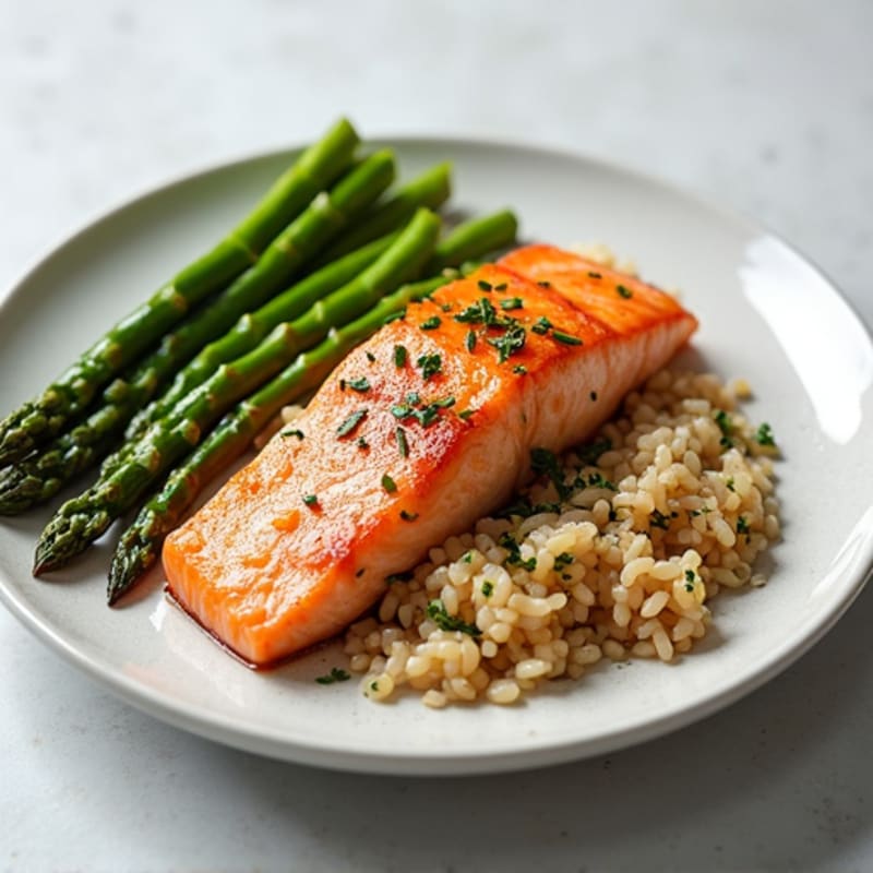 Seared Salmon with Steamed Asparagus and Brown Rice