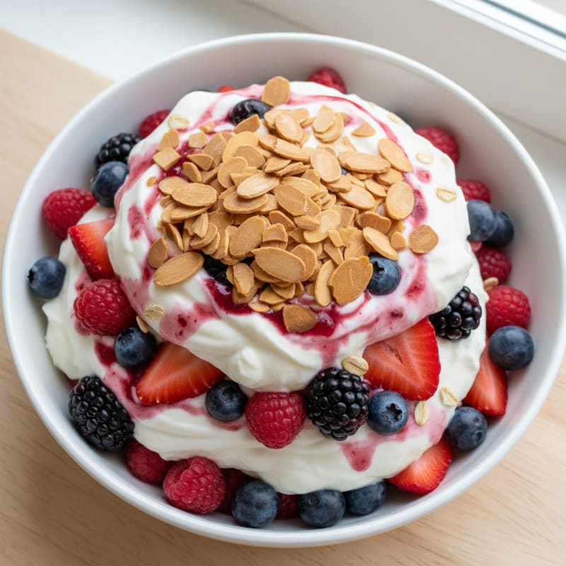 Greek Yogurt Protein Parfait with Mixed Berries and Almonds