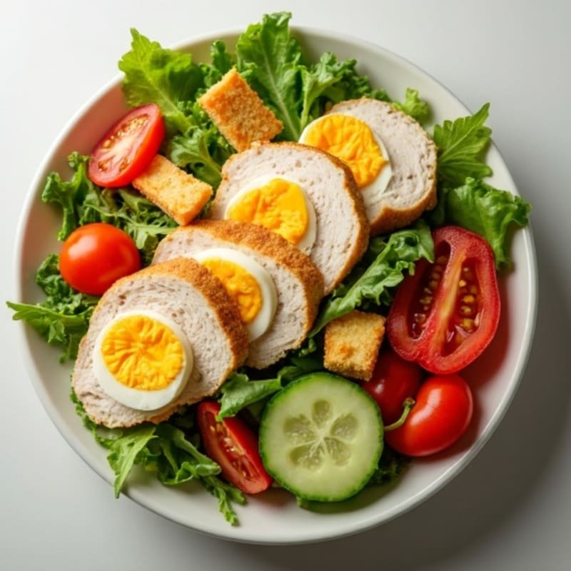 Hearty Turkey and Boiled Egg Salad with Fresh Vegetables, Cheese, and Crispy Croutons