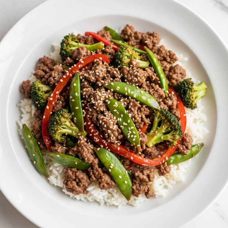 Lean Ground Beef and Vegetable Stir-Fry with Jasmine Rice