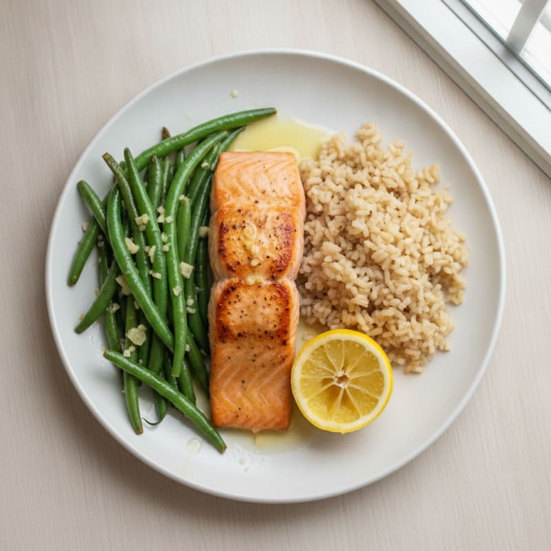 Seared Salmon with Garlic Green Beans and Brown Rice