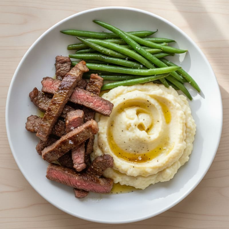 Seared Lean Beef Strips with Steamed Green Beans and Cauliflower Mash