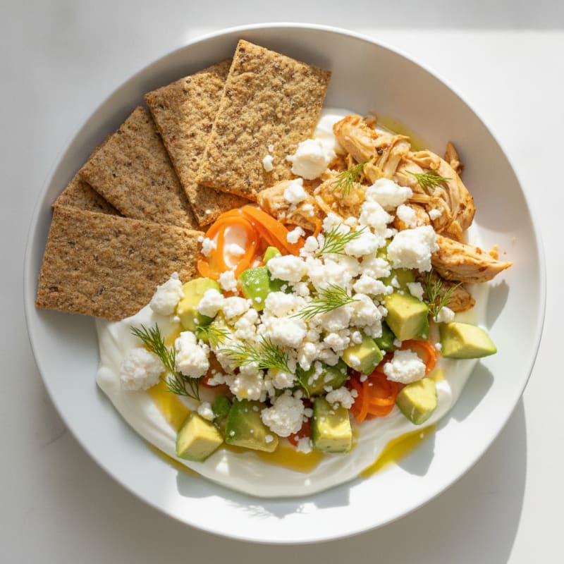 Creamy Greek Yogurt Parfait with Feta, Avocado and Seed Crackers