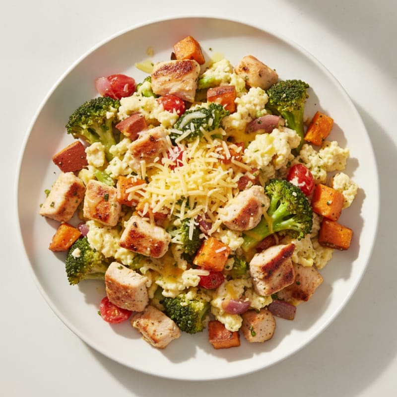 Egg White Scramble with Chicken Breast and Sautéed Broccoli