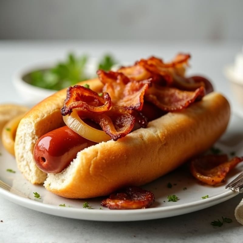 Lean Turkey Dogs with Turkey Bacon and Caramelized Onions