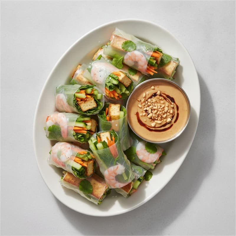 Shrimp and Tofu Spring Rolls with Peanut Dipping Sauce