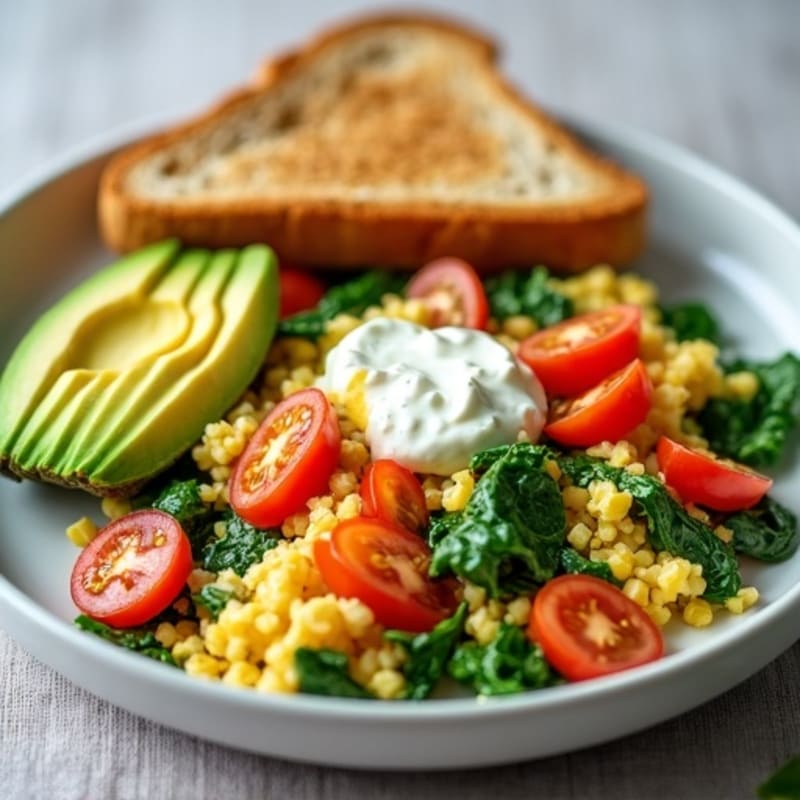 Egg White Spinach Scramble with Cottage Cheese and Fresh Tomatoes (with Toast & Avocado)