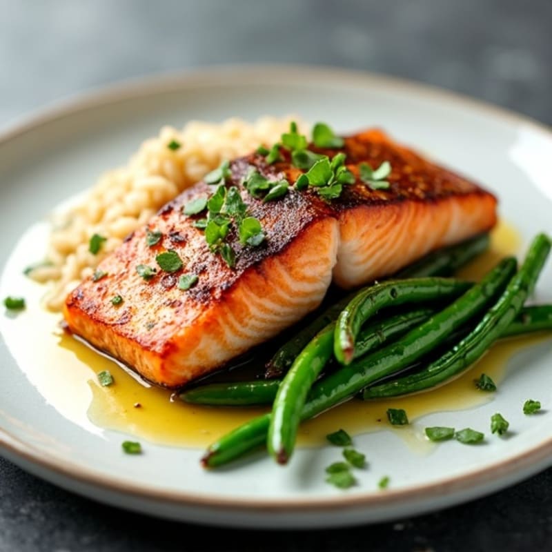 Seared Salmon with Garlic Green Beans and Brown Rice