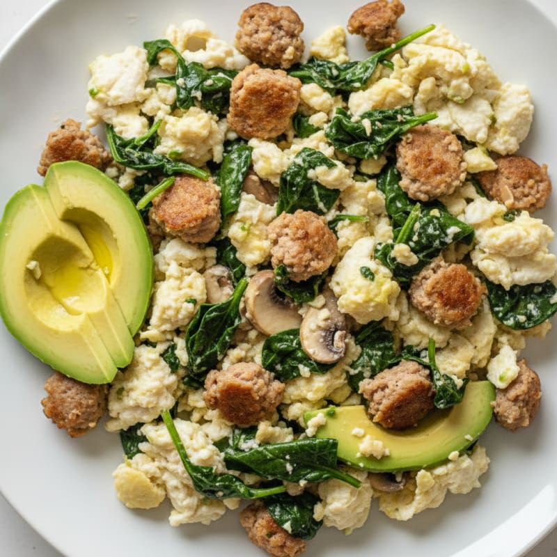 Egg White Scramble with Turkey Sausage and Sautéed Spinach