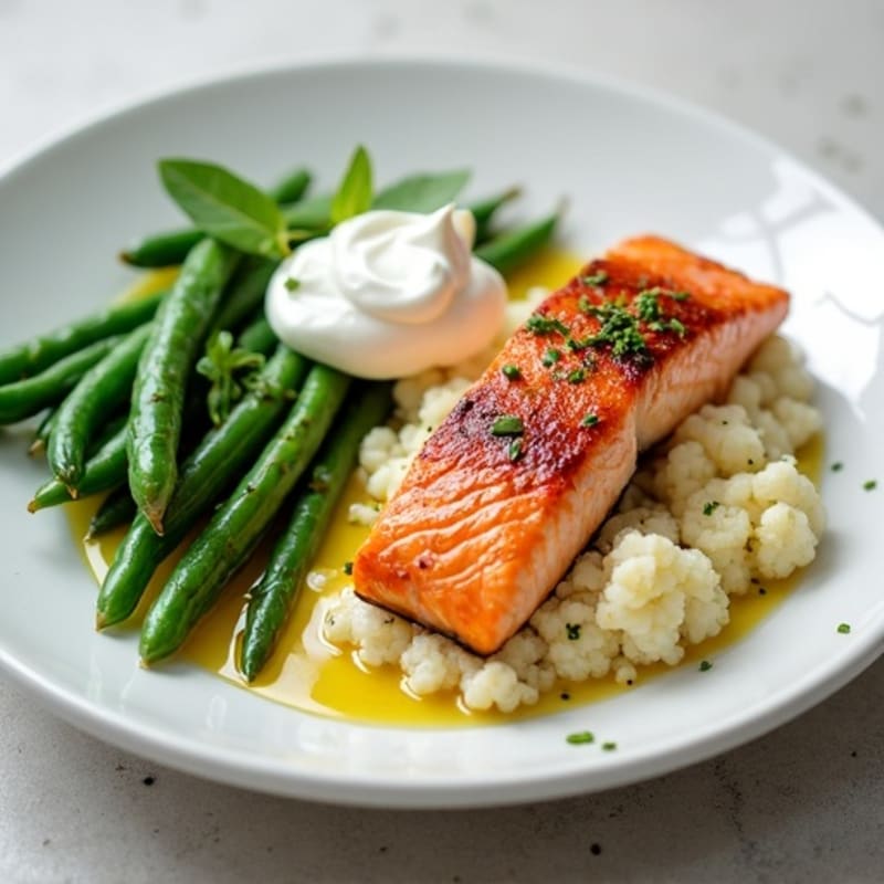 Seared Salmon Fillet with Steamed Green Beans and Garlic Mashed Cauliflower