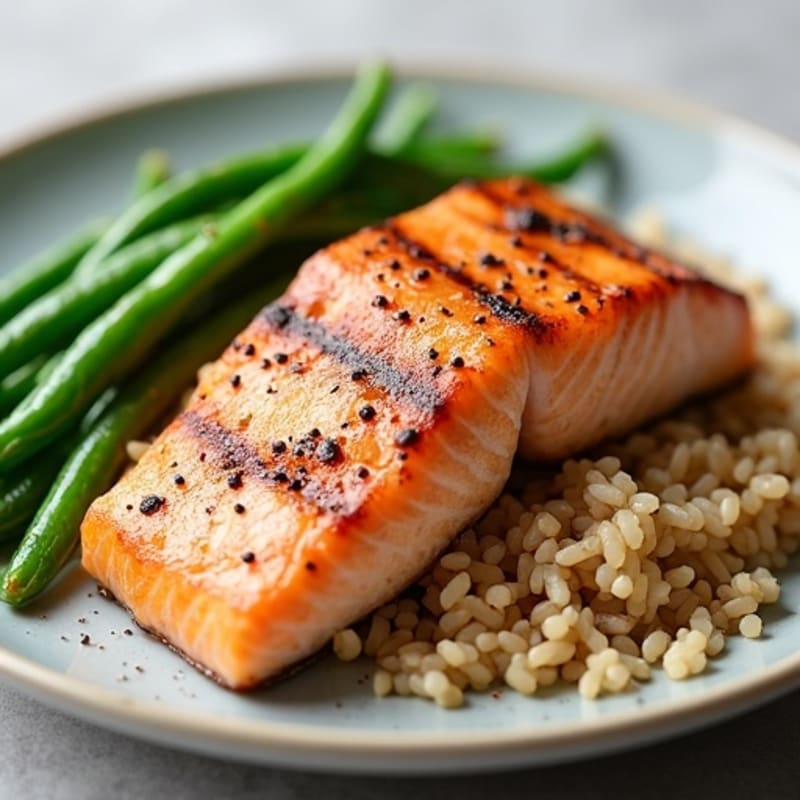 Seared Salmon with Steamed Green Beans and Brown Rice