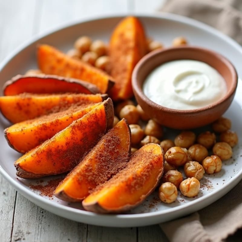 Baked Cinnamon-Spiced Sweet Potato Wedges with Greek Yogurt Protein Dip and Roasted Chickpeas