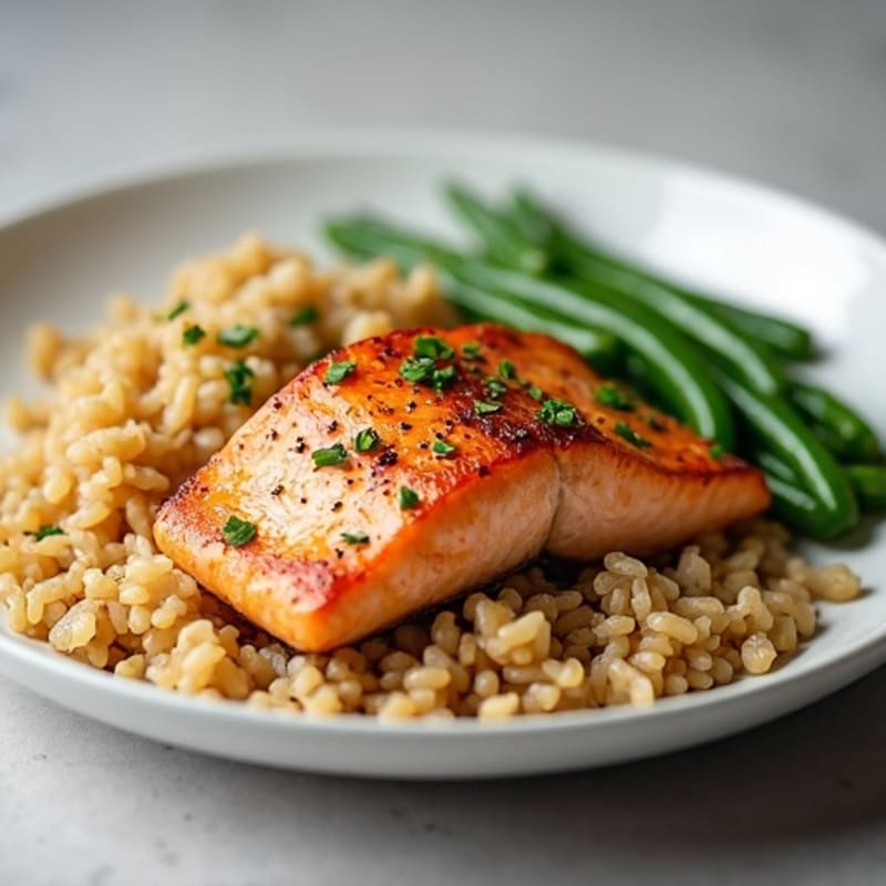 Seared Salmon with Garlic Green Beans and Brown Rice