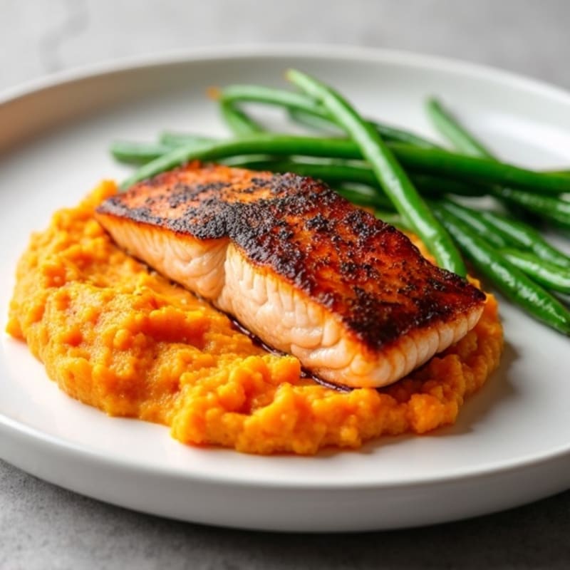 Seared Salmon Fillet with Steamed Green Beans and Sweet Potato Mash