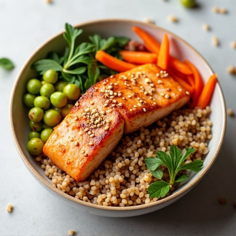 Crispy Salmon Sesame-Ginger Rice Bowl with Fresh Vegetables