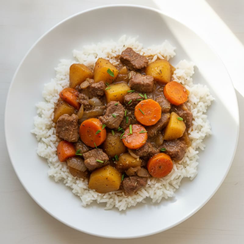 Hearty Beef and Potato Stew over Rice