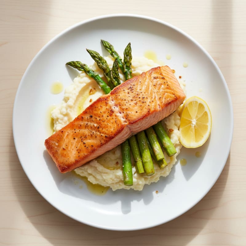 Seared Salmon Fillet with Roasted Asparagus and Cauliflower Mash