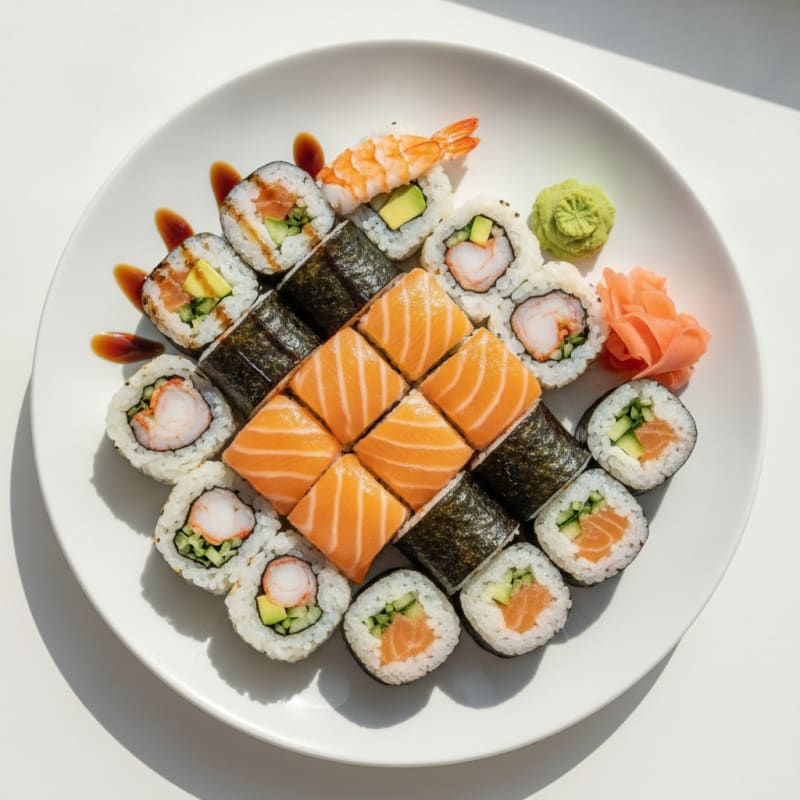 Assorted Fresh Sushi Rolls with Wasabi