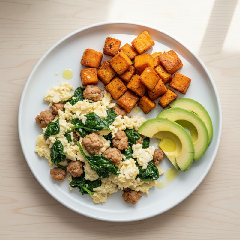 Egg White Spinach Scramble with Turkey Sausage