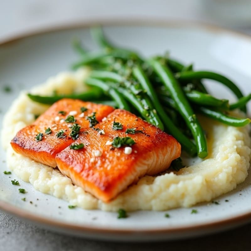 Seared Salmon with Garlic Green Beans and Cauliflower Mash