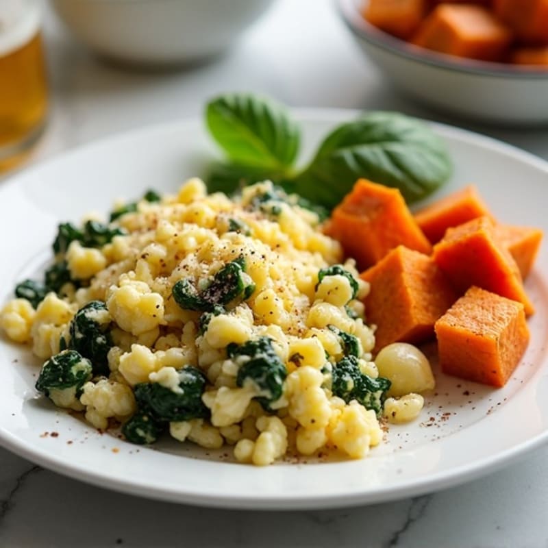 Egg White and Turkey Spinach Scramble with Roasted Sweet Potatoes