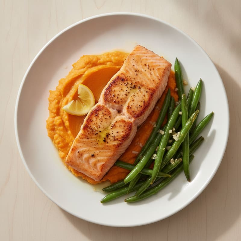 Seared Salmon Fillet with Garlic Green Beans and Sweet Potato Mash