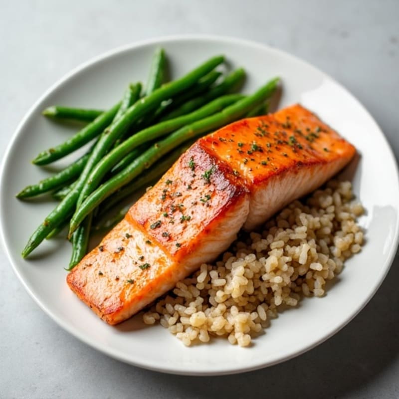Seared Salmon with Garlic Green Beans and Brown Rice