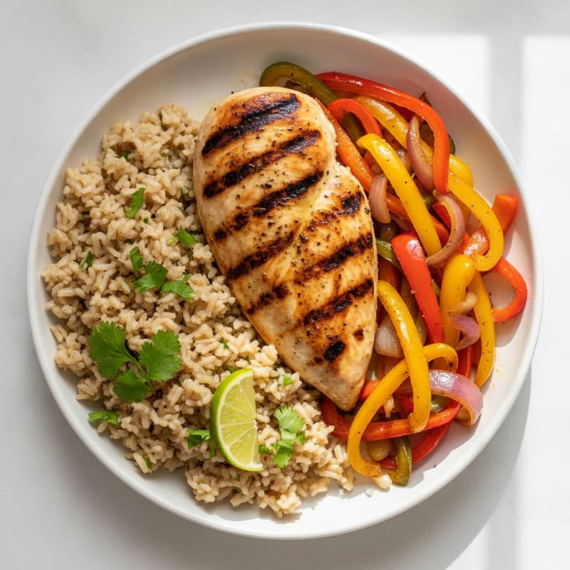 Grilled Chicken Breast with Cilantro-Lime Brown Rice and Sautéed Peppers