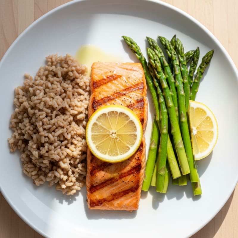 Seared Salmon Fillet with Steamed Asparagus and Brown Rice