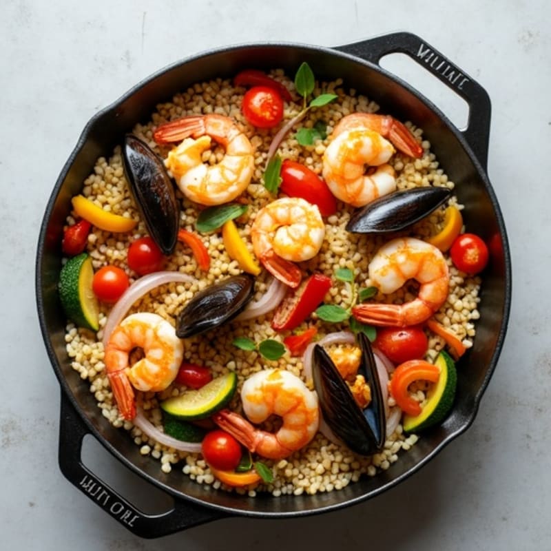 Seafood and Saffron Rice Skillet with Crispy Vegetables